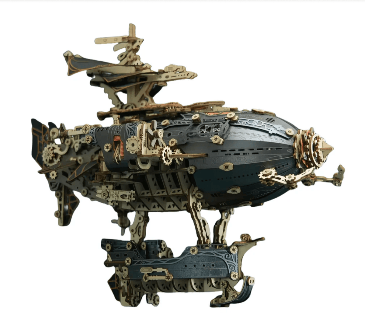 628 piece 3D wooden airship model kit for adults, an advanced steampunk build with interlocking gears and inner glow Blue