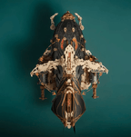 Steampunk flying ship wooden puzzle with working gear mechanisms, an industrial decor model for a study or game room Blue