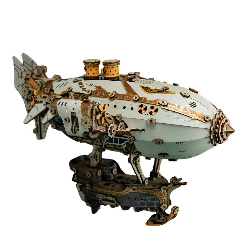 Steampunk airship 3D wooden puzzle kit with built-in LED lighting, a Victorian flying vessel display piece for adults White