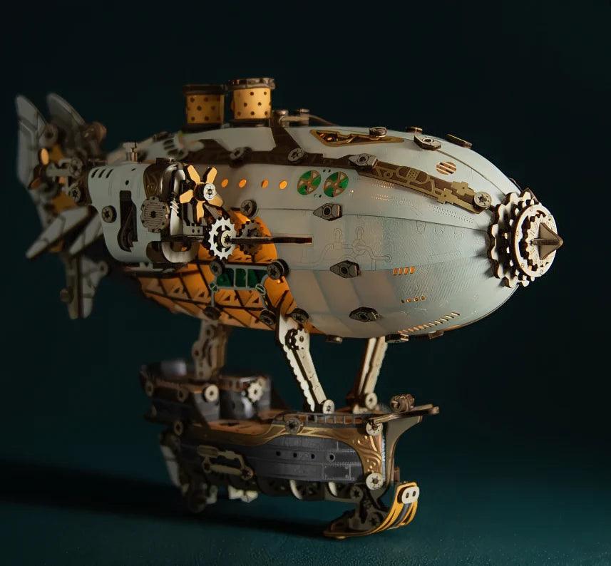 Victorian steampunk dirigible wooden puzzle that lights up, a mechanical model centerpiece for a desk or home office White