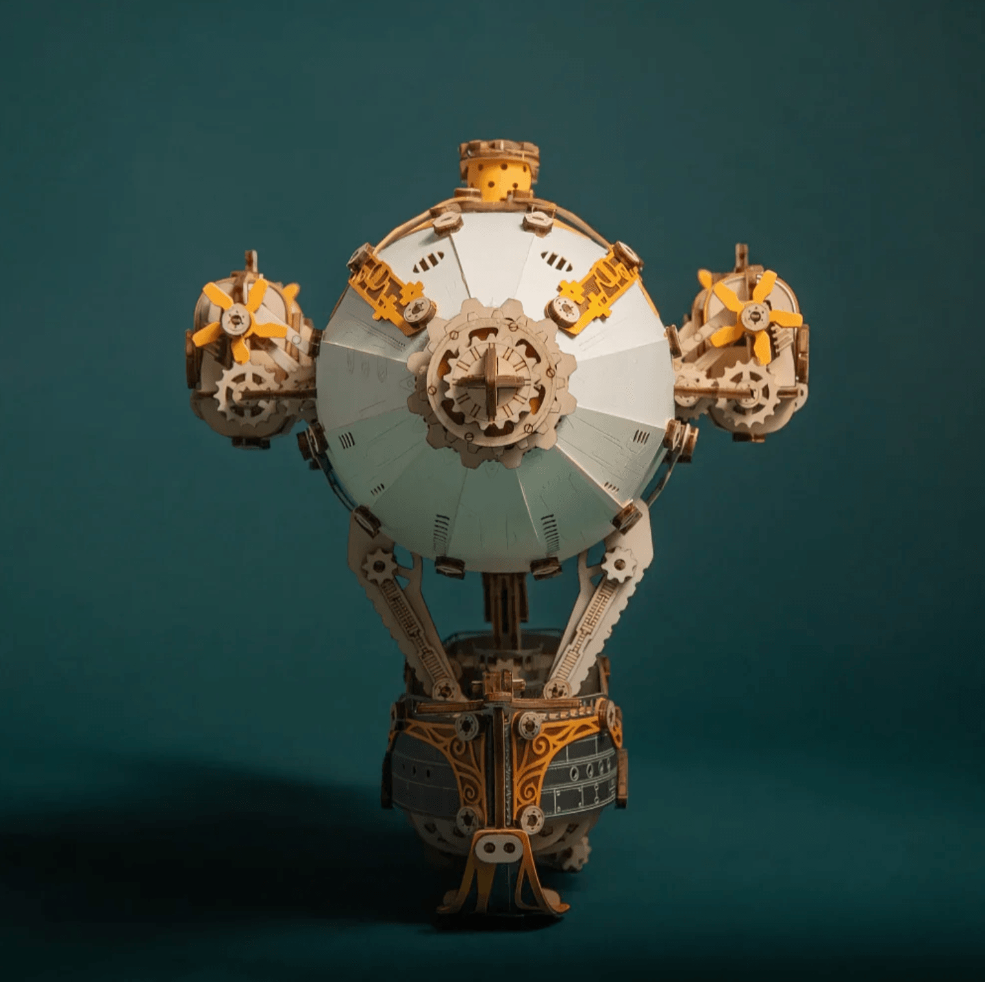 Illuminated steampunk airship wooden puzzle with a warm inner glow, an advanced model build gift for adult builders White