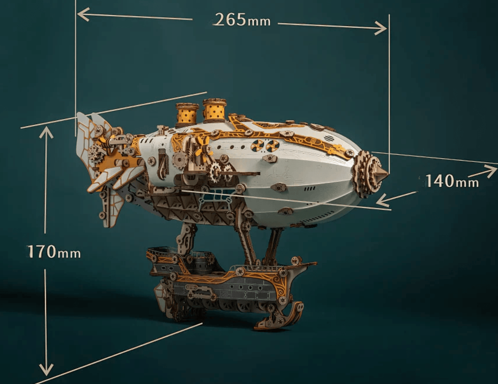 Steampunk airship 3D wooden model measuring about 30 cm long, a detailed desk display kit for experienced builders White