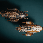 Detailed basswood airship puzzle kit with hundreds of laser-cut parts, a steampunk hobby project for model builders White