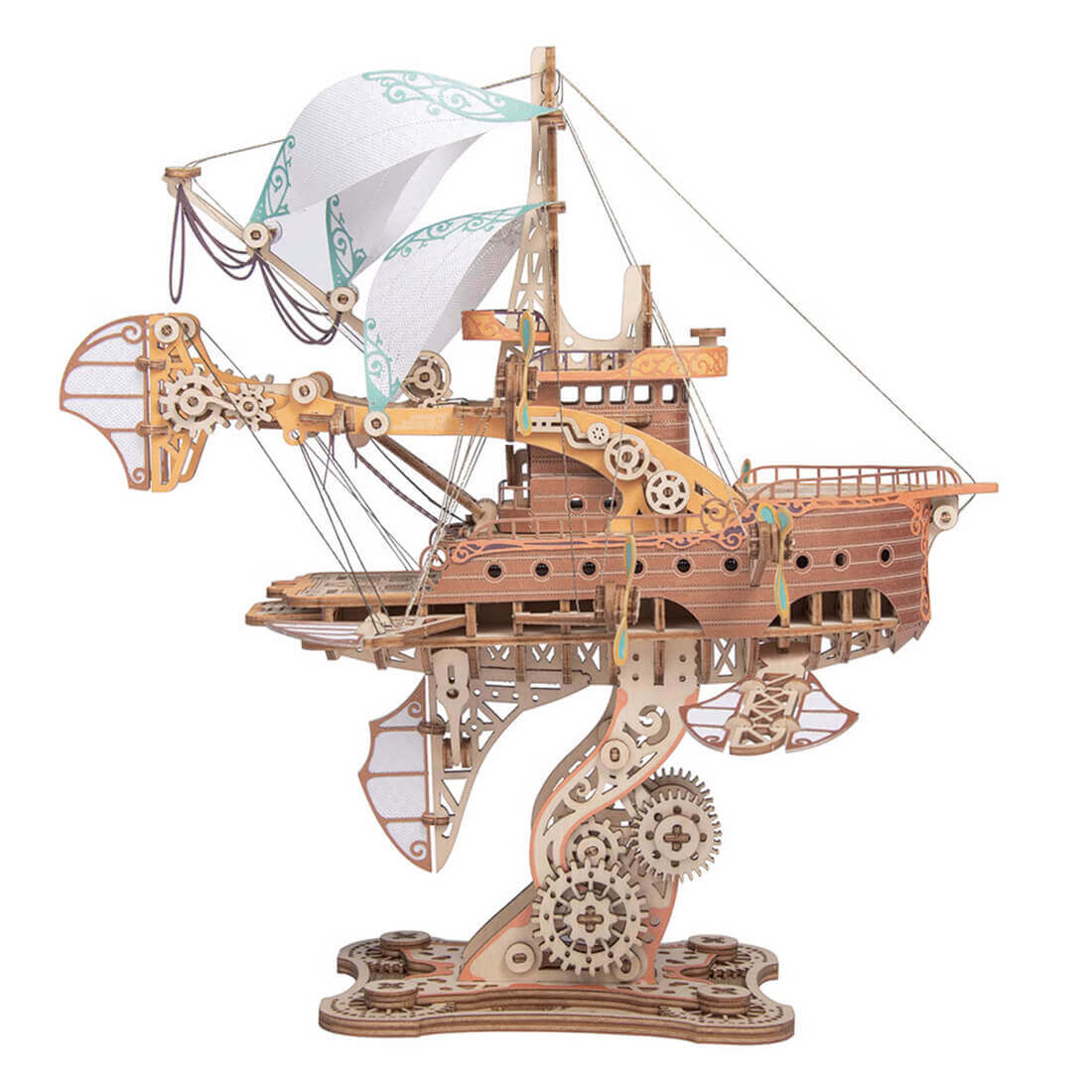 Steampunk fantasy airship 3D wooden puzzle in bamboo with sails and propellers on a gear stand for desk display