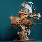 Victorian steampunk flying ship model kit with movable propellers and rigged sails, mechanical bamboo desk decor