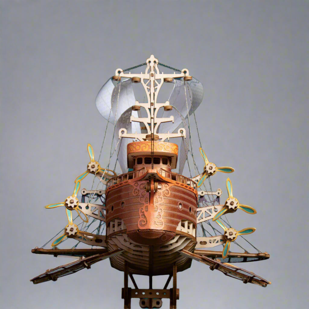 Steampunk airship wooden model showing spiral propellers and mechanical wings, a detailed build for model hobbyists
