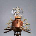 Steampunk airship wooden model showing spiral propellers and mechanical wings, a detailed build for model hobbyists