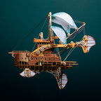 Fantasy steampunk airship 3D puzzle, a wooden flying ship collectible and birthday gift for adult model builders