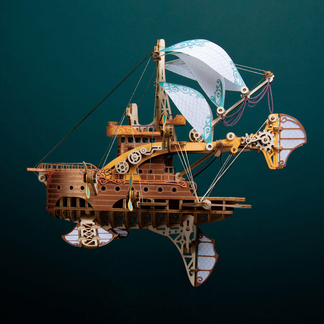 Fantasy steampunk airship 3D puzzle, a wooden flying ship collectible and birthday gift for adult model builders
