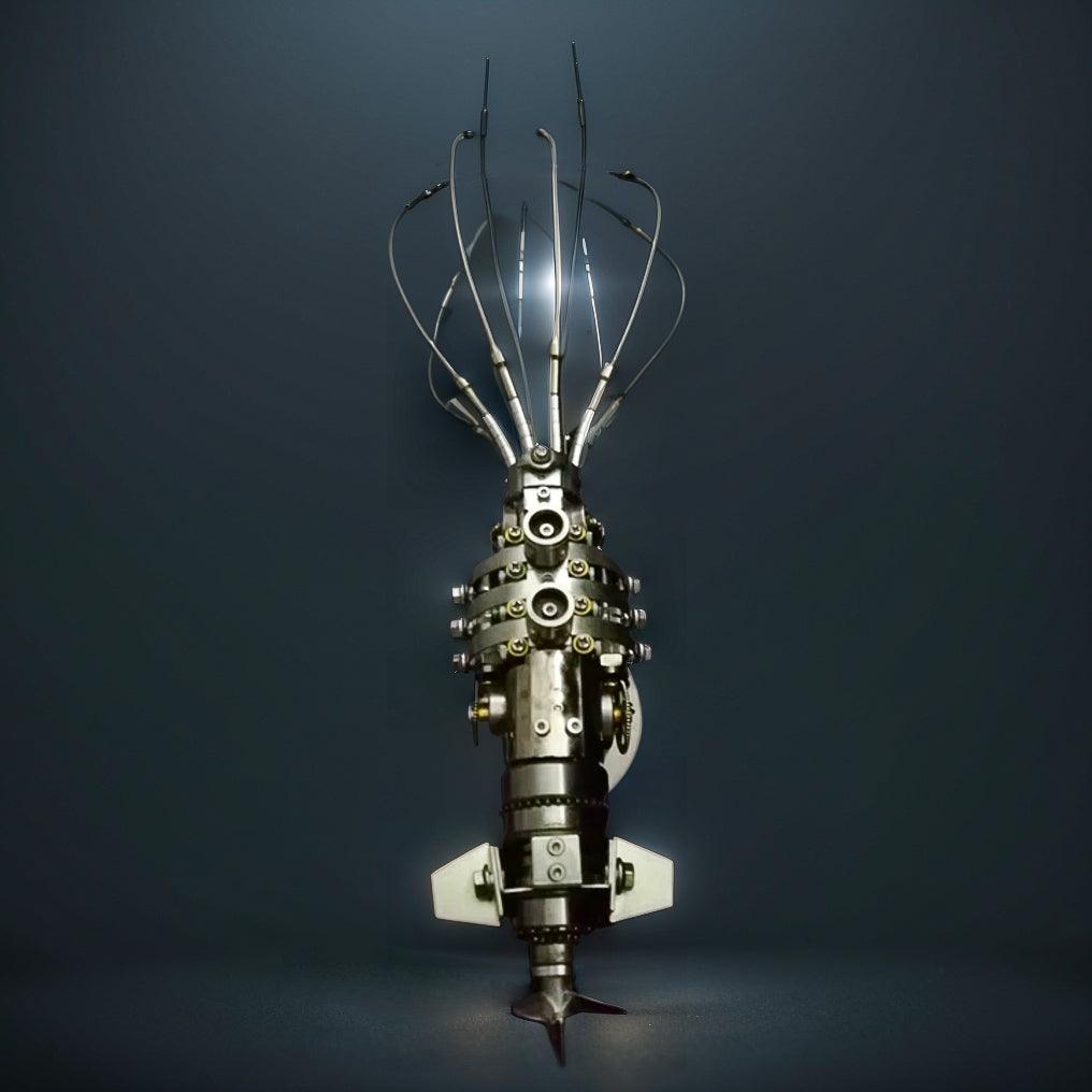 Steampunk sea creature building kit with 295+ precision cut metal parts for a focused desk decor project