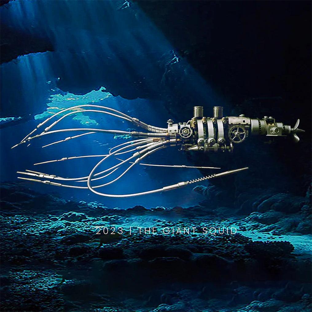 Assembled giant squid model with gear covered body, a display piece for ocean and steampunk enthusiasts
