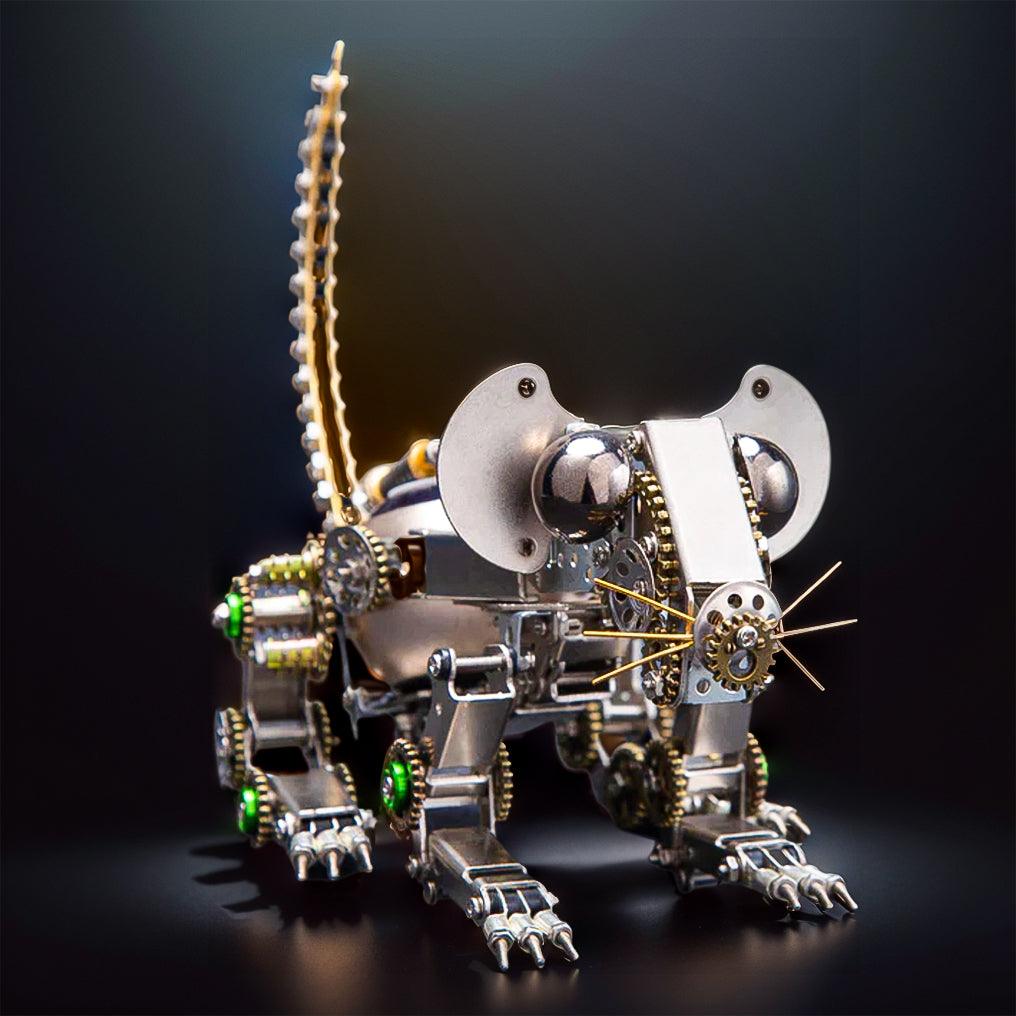 Steampunk mechanical mouse model with fully articulated joints that pose standing or on all fours for desk decor