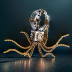 Adult 3D metal puzzle of a mechanical octopus, a glue free steampunk desk lamp project for hands-on hobby builders