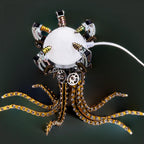 Precision cut metal octopus parts forming a poseable steampunk sculpture, a 1060 piece desk lamp puzzle for adults