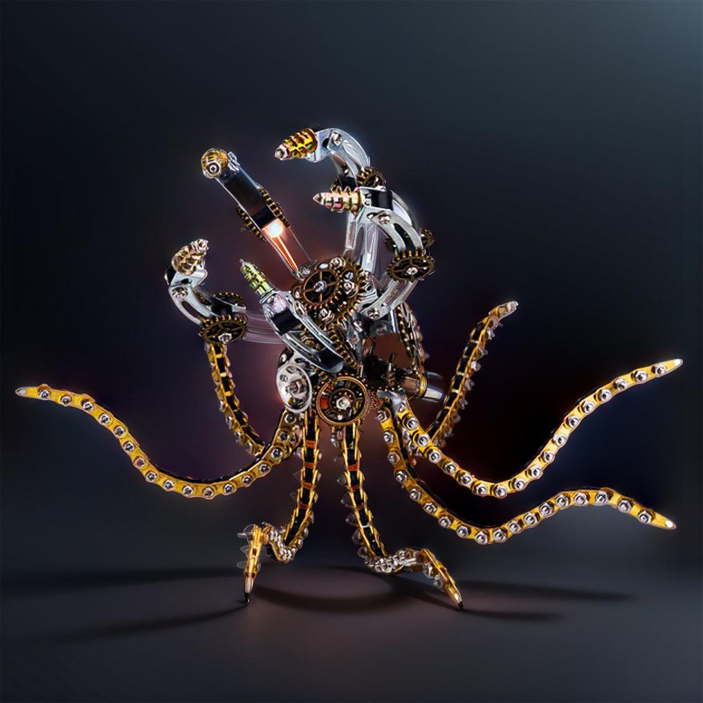 Mechanical metal octopus model with poseable tentacles and gear detailing, a steampunk desk sculpture for hobby builders