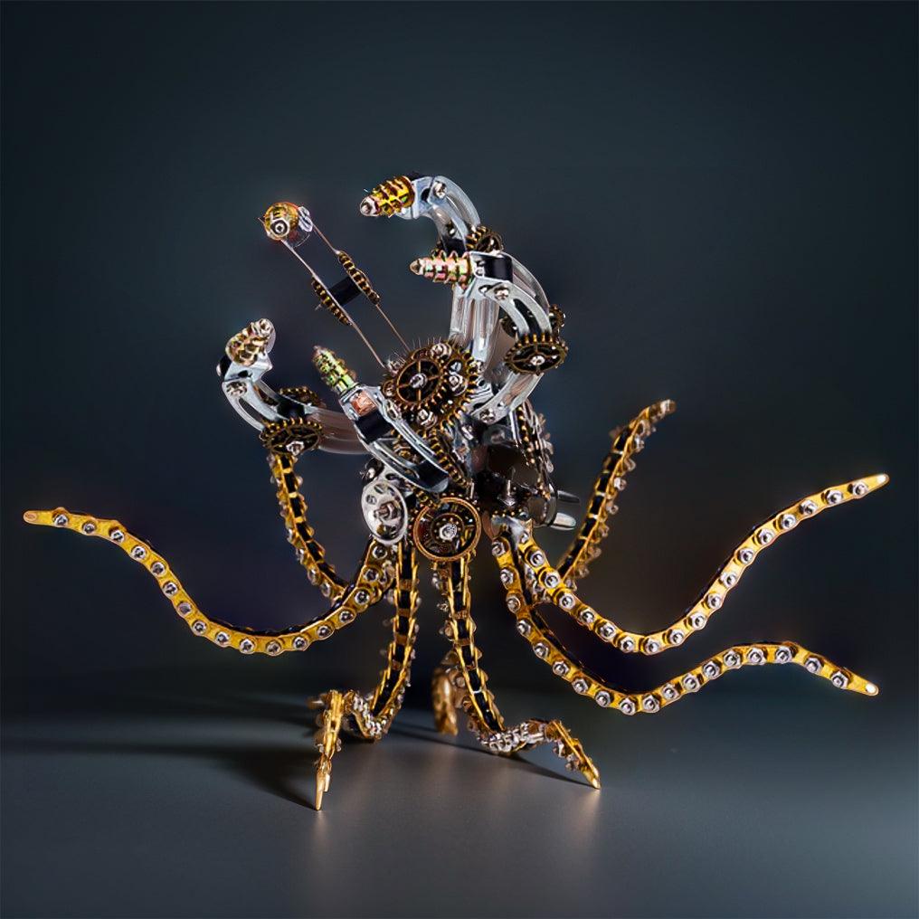 Stainless steel octopus puzzle with precision cut gears and rivets, a 1060 piece steampunk metal build for collectors