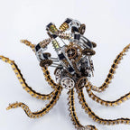 Poseable metal octopus with high mobility tentacles, a steampunk mechanical model and lit desk lamp for enthusiasts