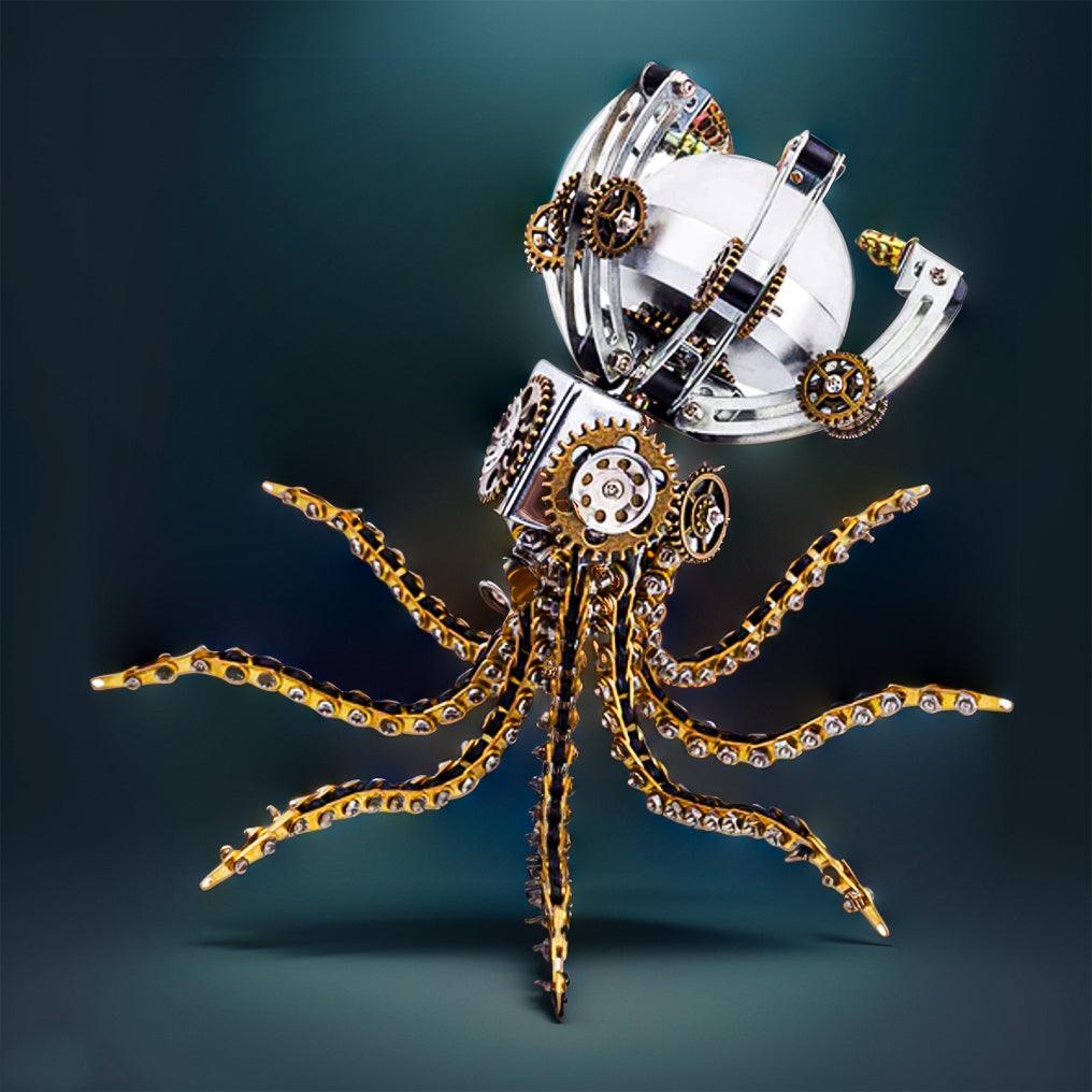 Steampunk gear octopus sculpture in stainless steel and copper, a detailed mechanical desk lamp model for collectors