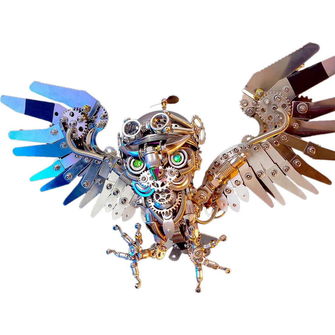 Nocturnal owl 3D metal puzzle with color-changing LED eyes, a steampunk animal model kit for adults and desk decor