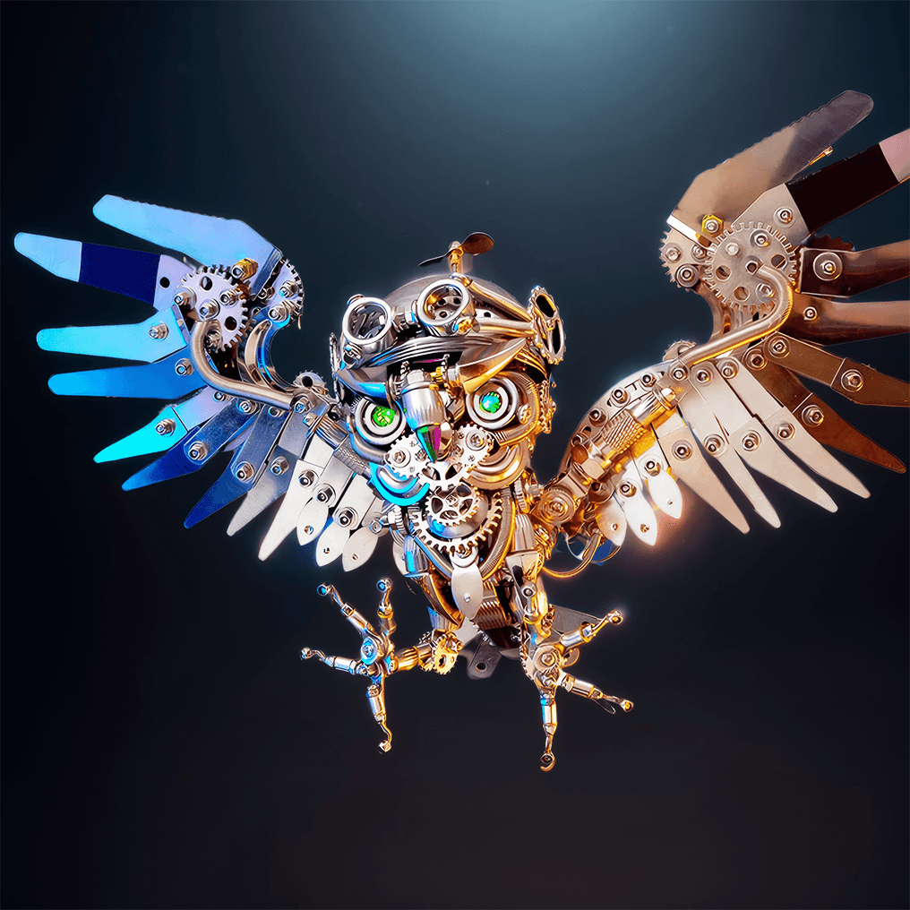 Articulated metal owl wings in a silent predator pose, a mechanical animal model kit for adult builders and collectors