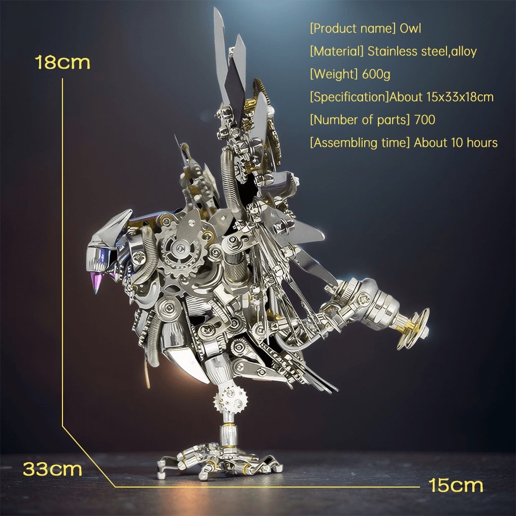 Owl lover metal model collectible with a roughly 10 hour build, a steampunk puzzle project for adults and desk display