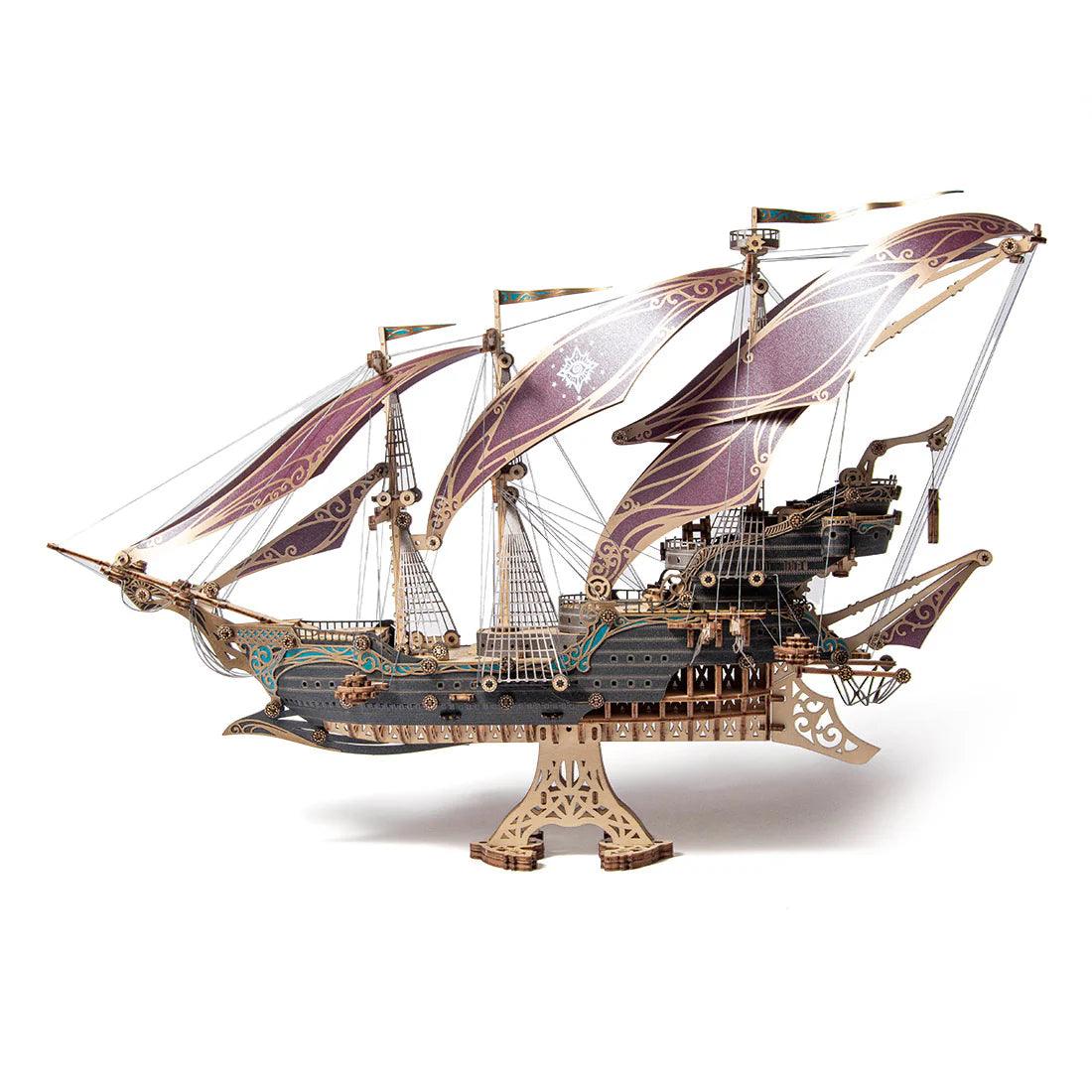 Steampunk pirate ship 3D wooden puzzle in bamboo, an adult model building kit and display centerpiece for a shelf Purple