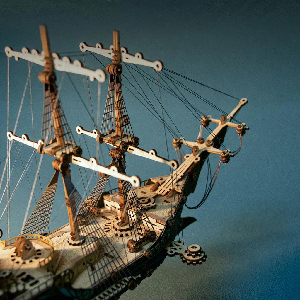 3D wooden puzzle model ship kit for adults, an engaging build-it-yourself steampunk project and tabletop display Brown, Green