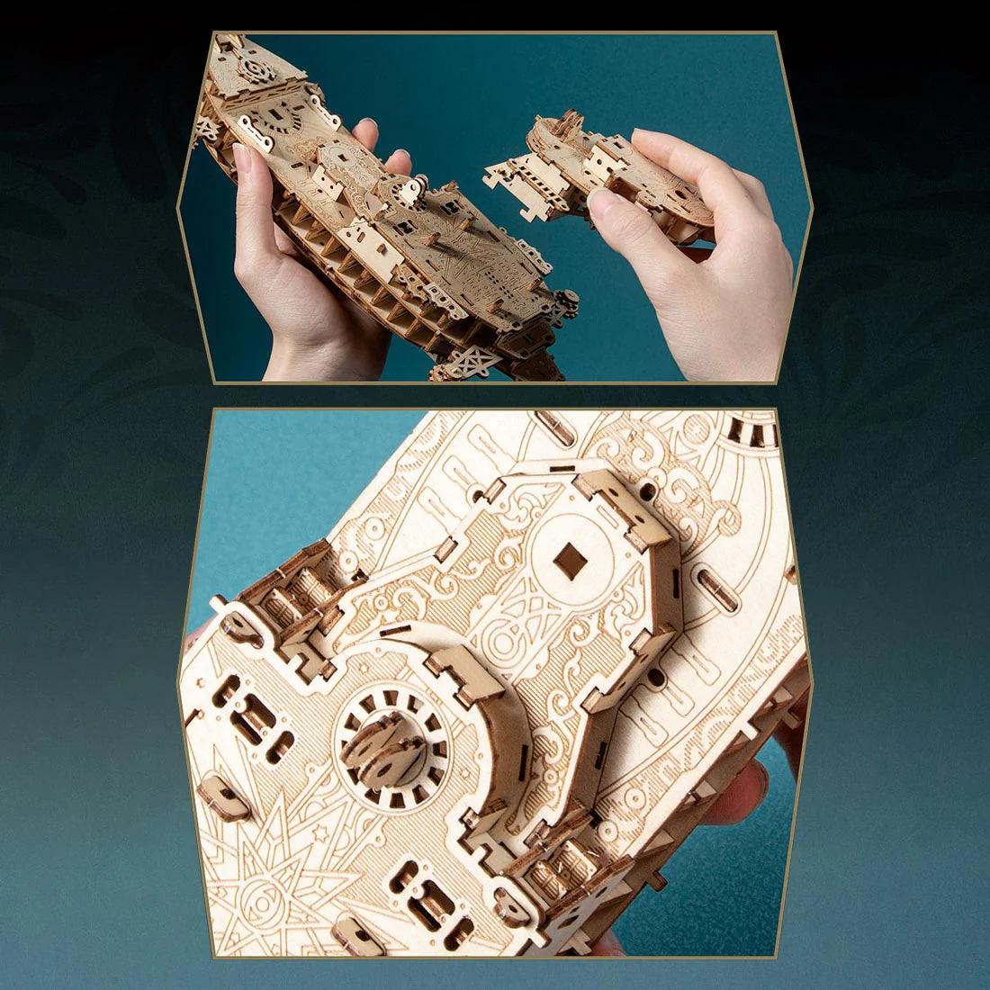 3D wooden model ship kit with laser-cut bamboo and rigged sails, a mortise and tenon steampunk build for adults Green