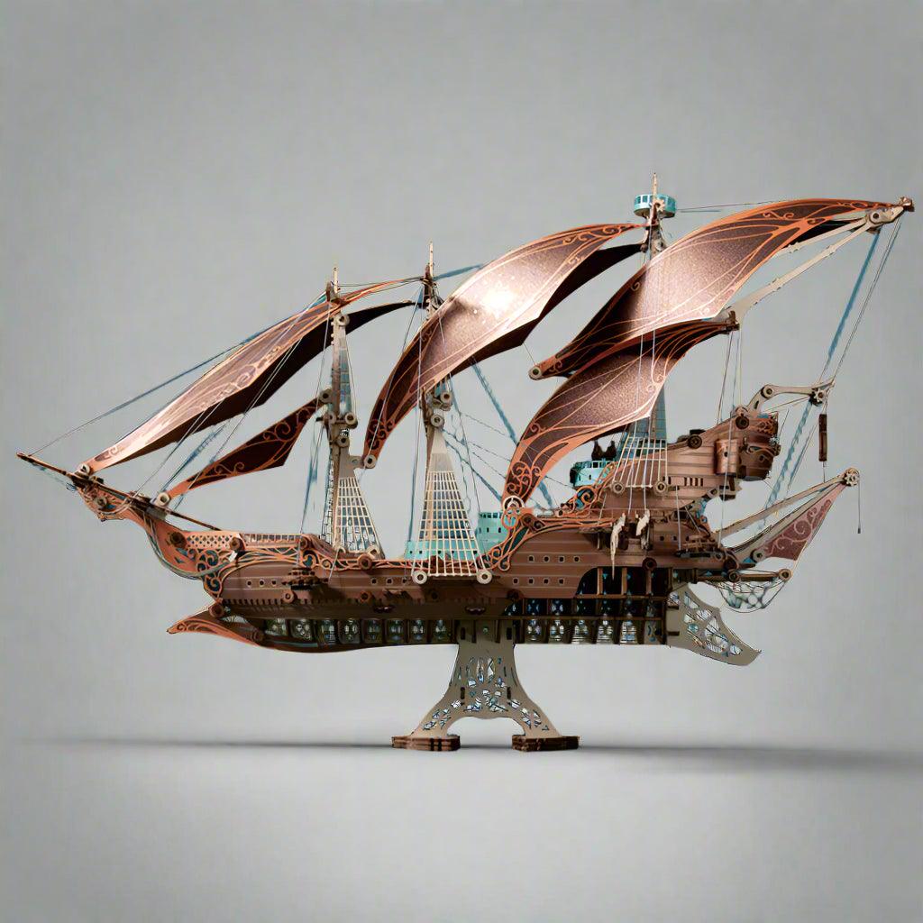 Bamboo steampunk pirate ship model kit with 400 plus pieces, a screen-free hobby project and nautical desk decor Brown