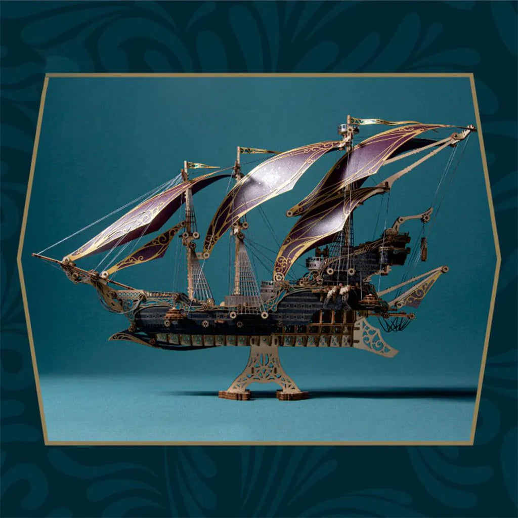 Wooden pirate ship puzzle for adults with three masts and sails, a heirloom display model and collector conversation piece Purple