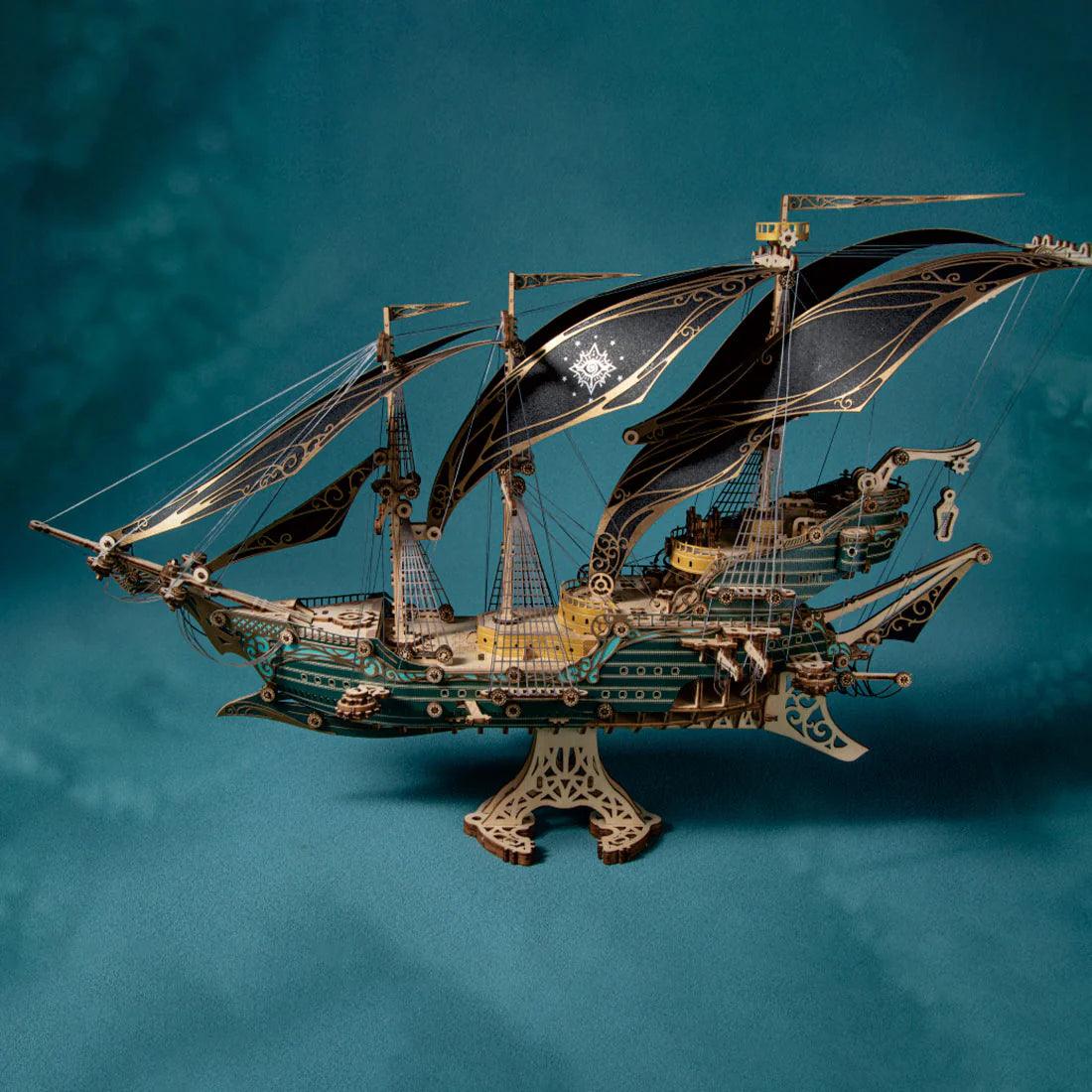 Steampunk sailing ship 3D puzzle built from interlocking bamboo, no glue needed, a model builder gift and office decor Purple