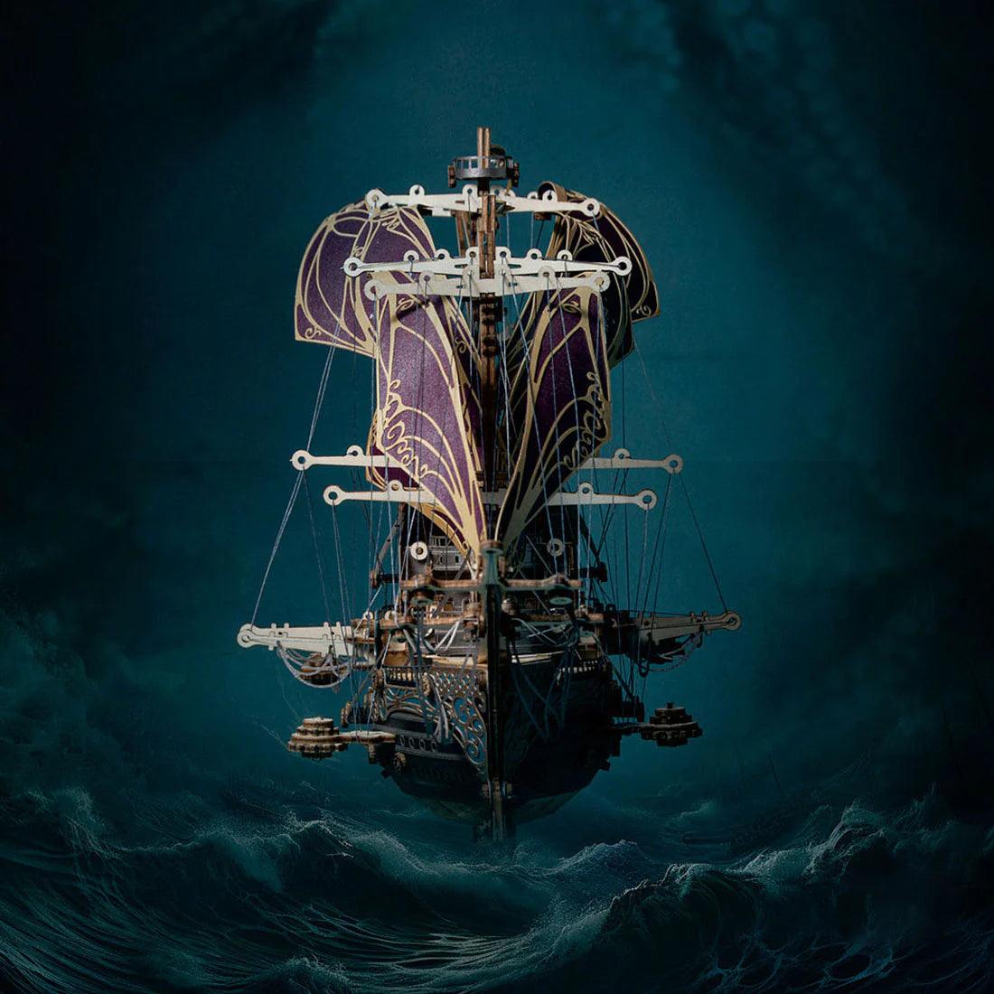Laser-cut bamboo ship kit with detailed deck and rigging, a hands-on 3D wooden puzzle for teen and adult hobbyists Purple, Green