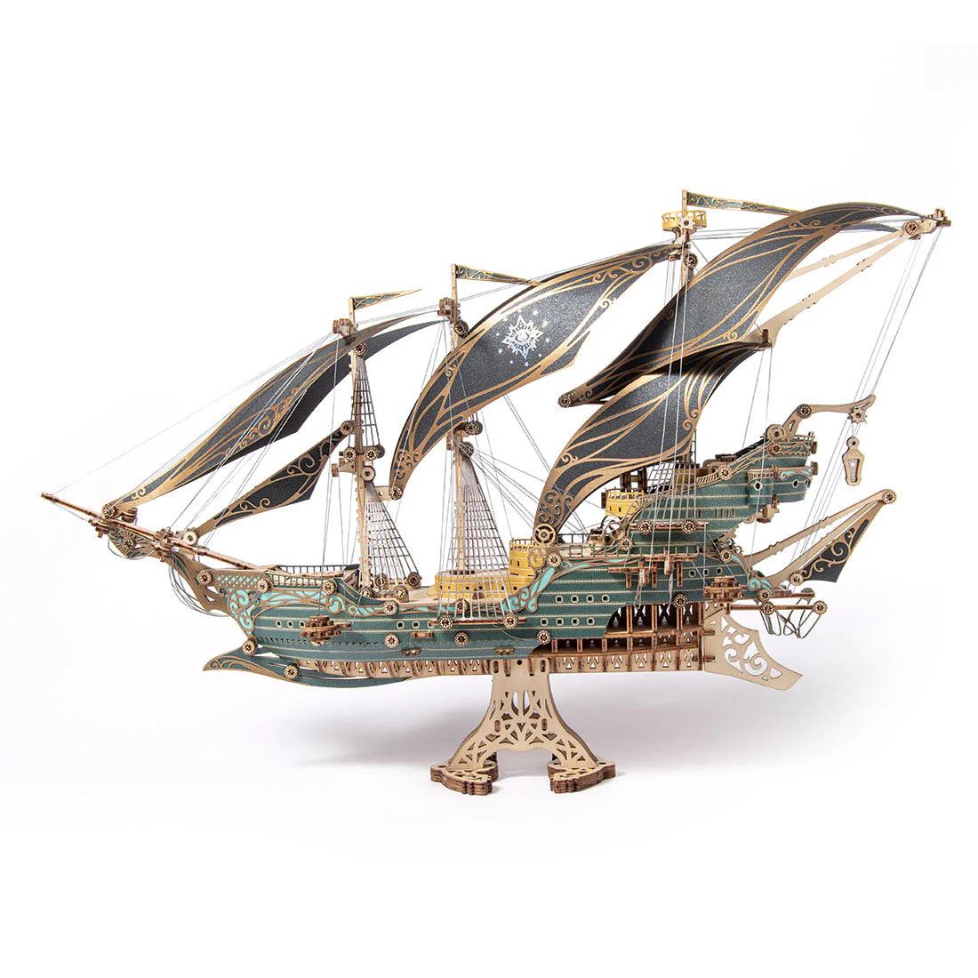 Steampunk pirate ship wooden model with fantasy sails, a display kit for maritime decor and collector shelves Green