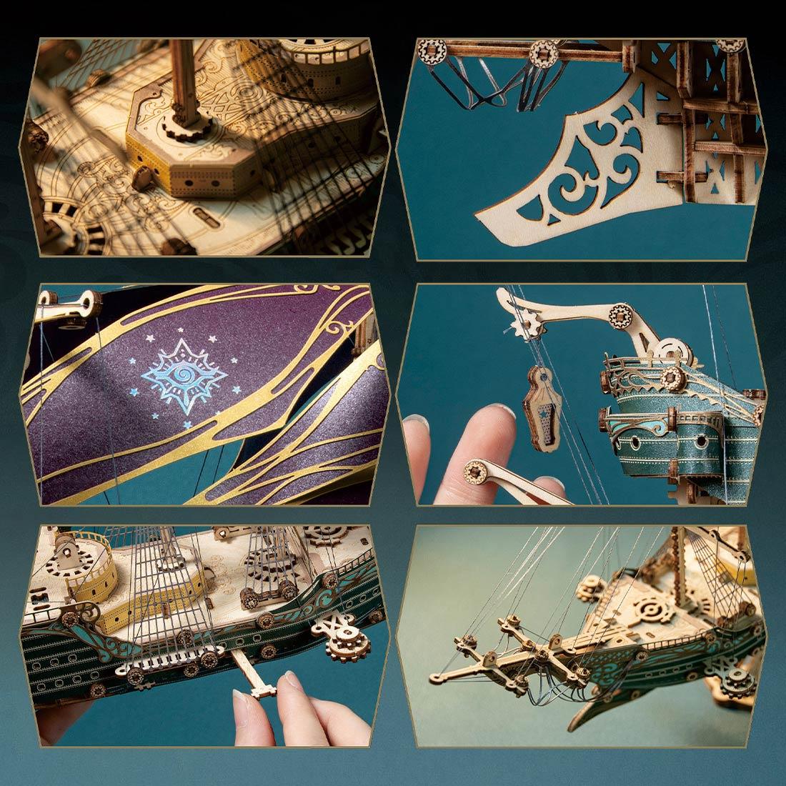 3D bamboo puzzle pirate ship for adults, a mortise and tenon craft kit and standout desk display model Purple, Green