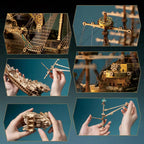 Wooden ship building kit with rigged masts and sails, an intricate steampunk model puzzle for hobby display Purple, Green