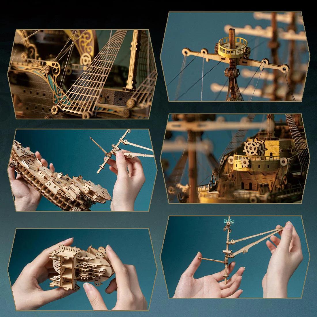 Wooden ship building kit with rigged masts and sails, an intricate steampunk model puzzle for hobby display Purple, Green