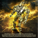 Hand assembled steampunk mecha model in brass toned metal, a rewarding 1020 piece build for sci-fi robot fans