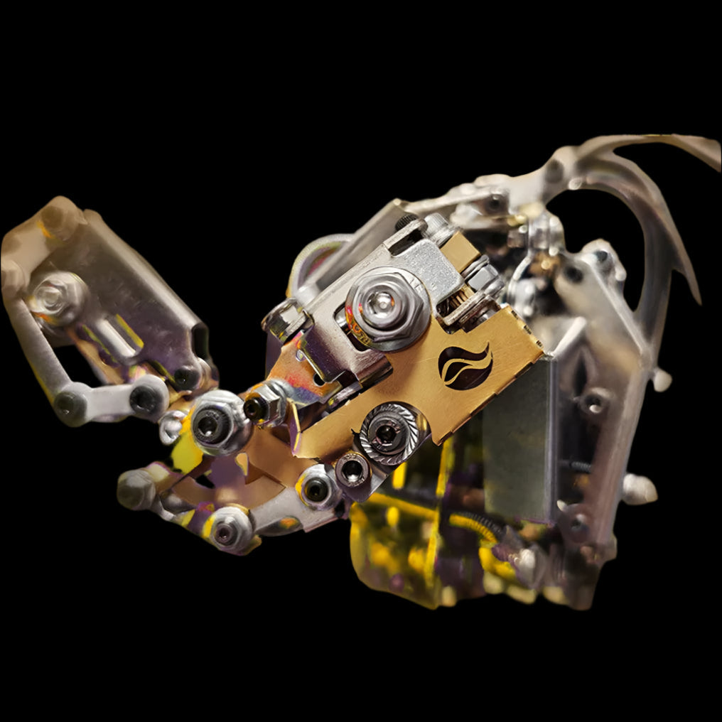 Intricate brass and steel joints of a metal mecha kit, a precise steampunk robot build for adult model makers
