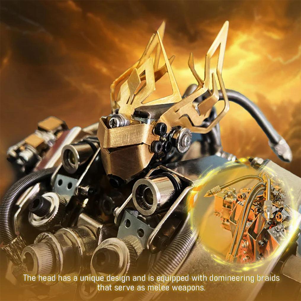 Steampunk mecha robot with an intricate metal head and copper accents, a detailed sci-fi model for display shelves