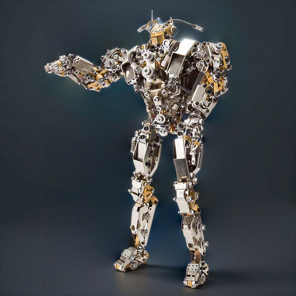 Articulated metal mecha robot in a dynamic action pose, a detailed steampunk model build for sci-fi collectors