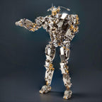 Articulated metal mecha robot in a dynamic action pose, a detailed steampunk model build for sci-fi collectors