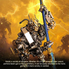 Steampunk mecha model with a poseable arm that holds a metal laser sword, a sci-fi robot kit for adult hobbyists