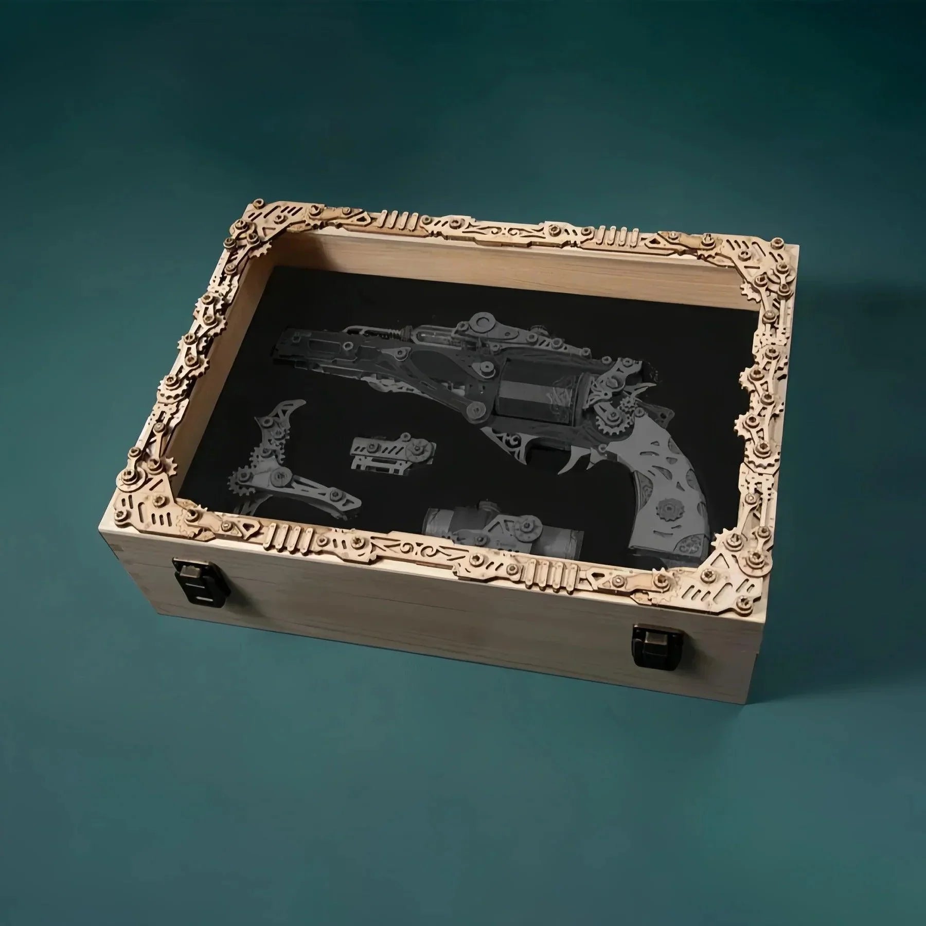 Pinewood display case with a laser engraved gear crest, a lockable collector box for a wooden revolver model and its parts Magic Box