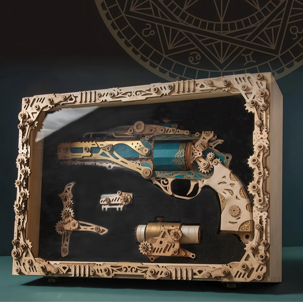Wooden revolver model set in a framed display case with accessories, a mechanical gun puzzle boxed as a gift for collectors Magic Box
