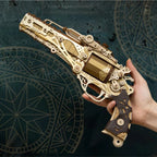 Gold wooden revolver puzzle with a dark carved grip, a mechanical gun model kit and collector display for adult builders Fantasy Luxury