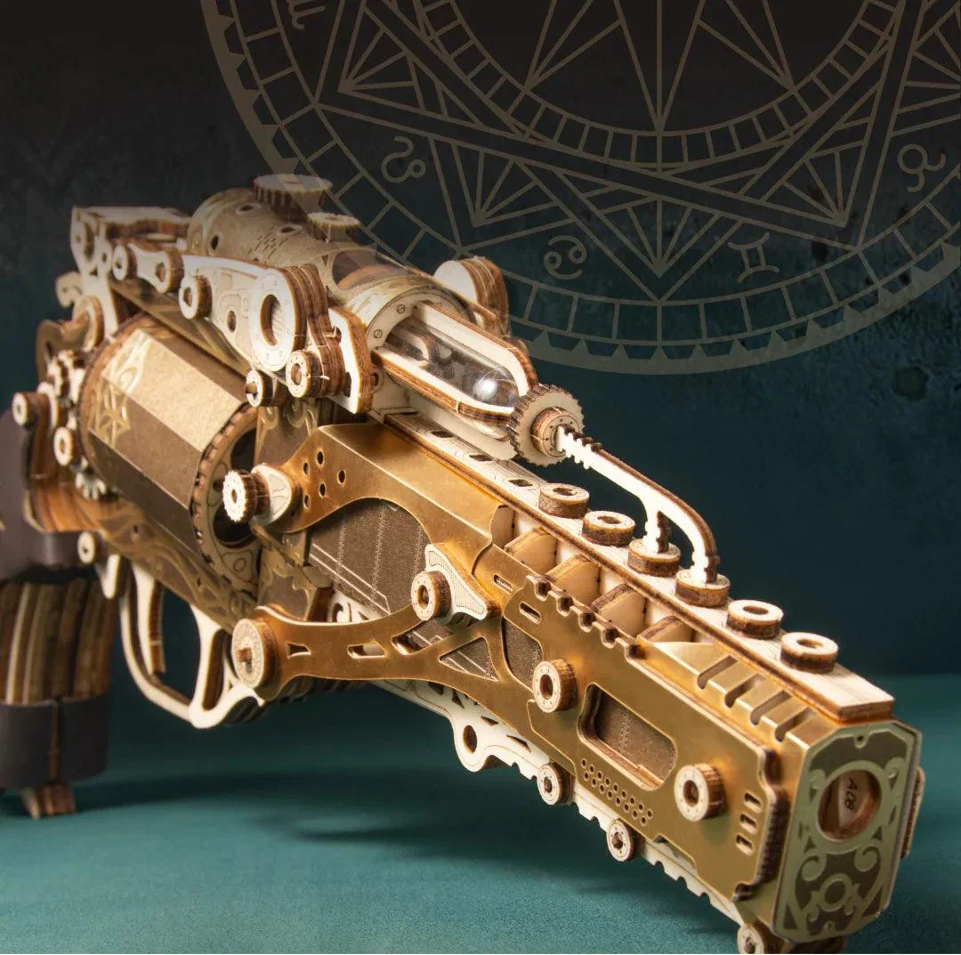 Brass toned revolver puzzle kit with exposed gears and cylinder, a laser cut wooden gun model for shelf and desk display Fantasy Luxury