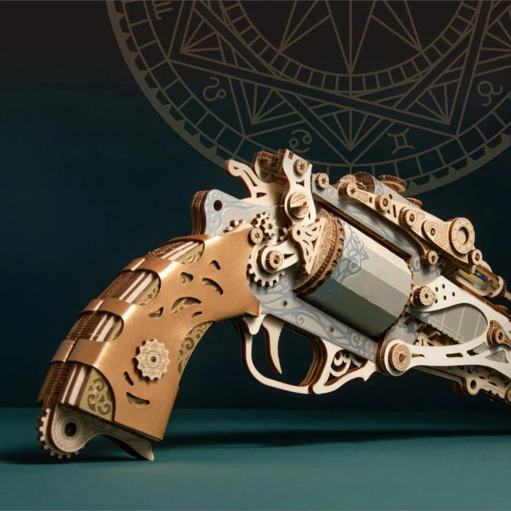Gold and wood revolver model with ornate gears, a 176 piece mechanical puzzle gun kit and gift for adult model builders Fantasy Luxury