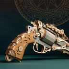 Gold and wood revolver model with ornate gears, a 176 piece mechanical puzzle gun kit and gift for adult model builders Fantasy Luxury