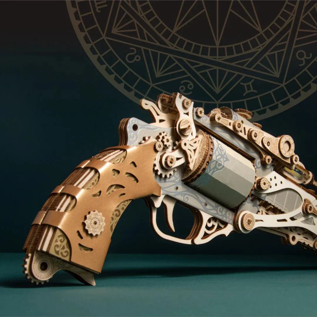 Gold and wood revolver model with ornate gears, a 176 piece mechanical puzzle gun kit and gift for adult model builders Fantasy Luxury