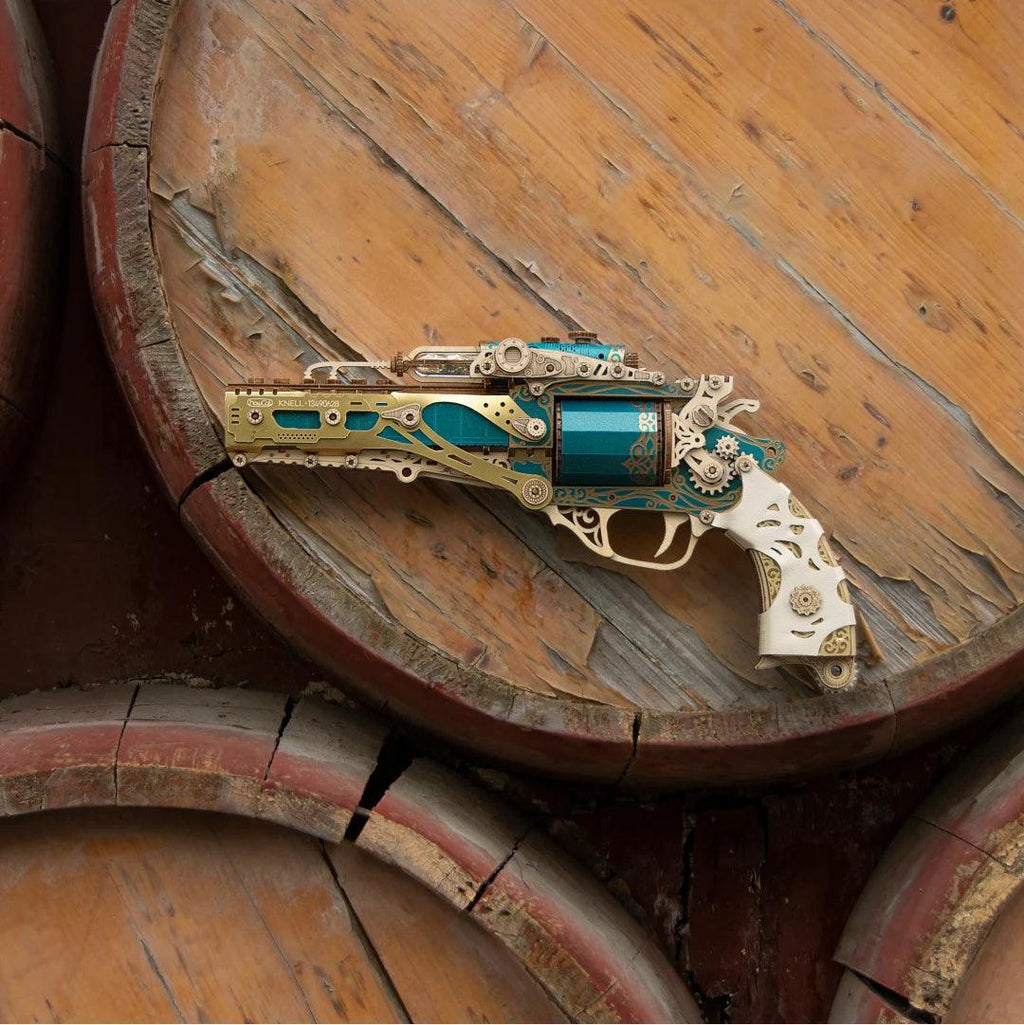 Teal and gold revolver model on a wood barrel, a decorative 3D puzzle gun kit for study shelf decor and adult collectors Palace Retro